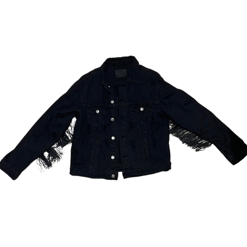 Zara Distressed Black Denim Jacket with Fringe Sz M
